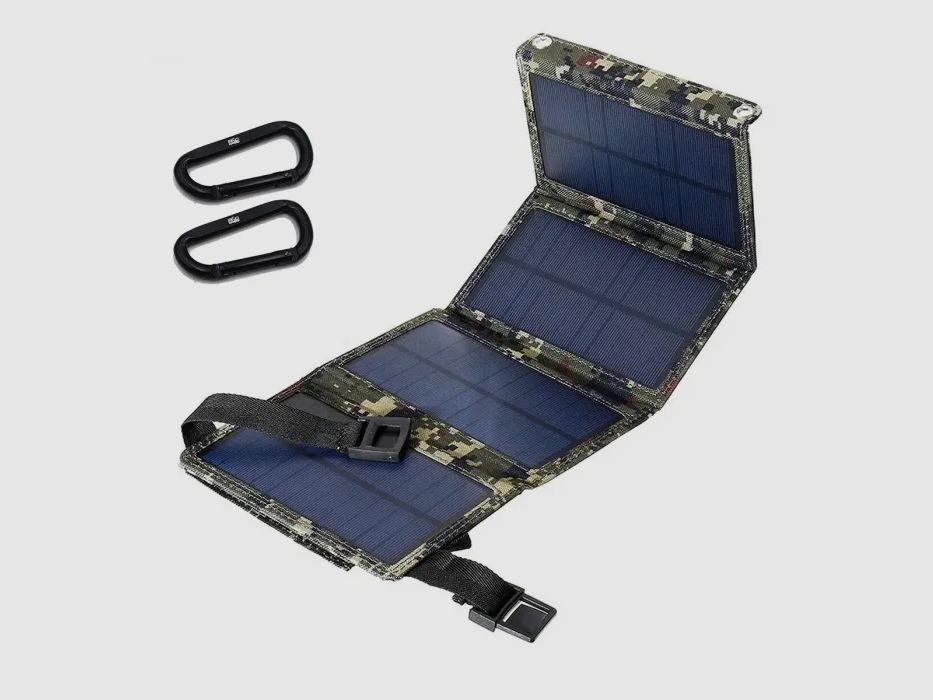 Pequeño panel solar plegable con conexión USB de 10-20 vatios en camuflaje digital verde