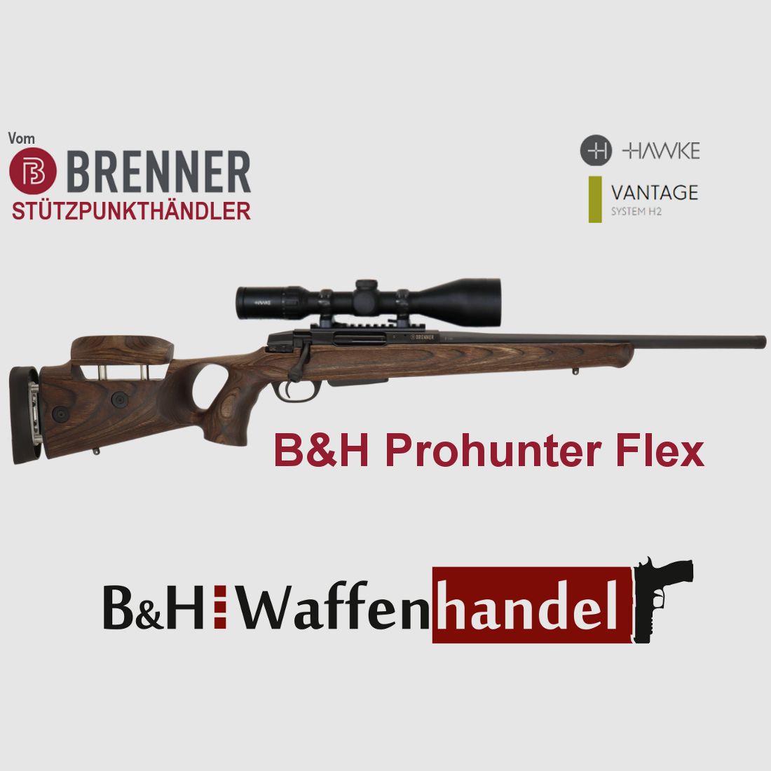 Pacchetto completo: bruciatore BR20 B&H Prohunter Flex con calcio a foro con doppia regolazione incluso Hawke 3-12x56 (Art.Nr.: BR20PHFP6) finanziamento possibile