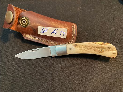 Taschenmesser, Hirschhorn, Rostfrei, Backlock, Ledertasche 51