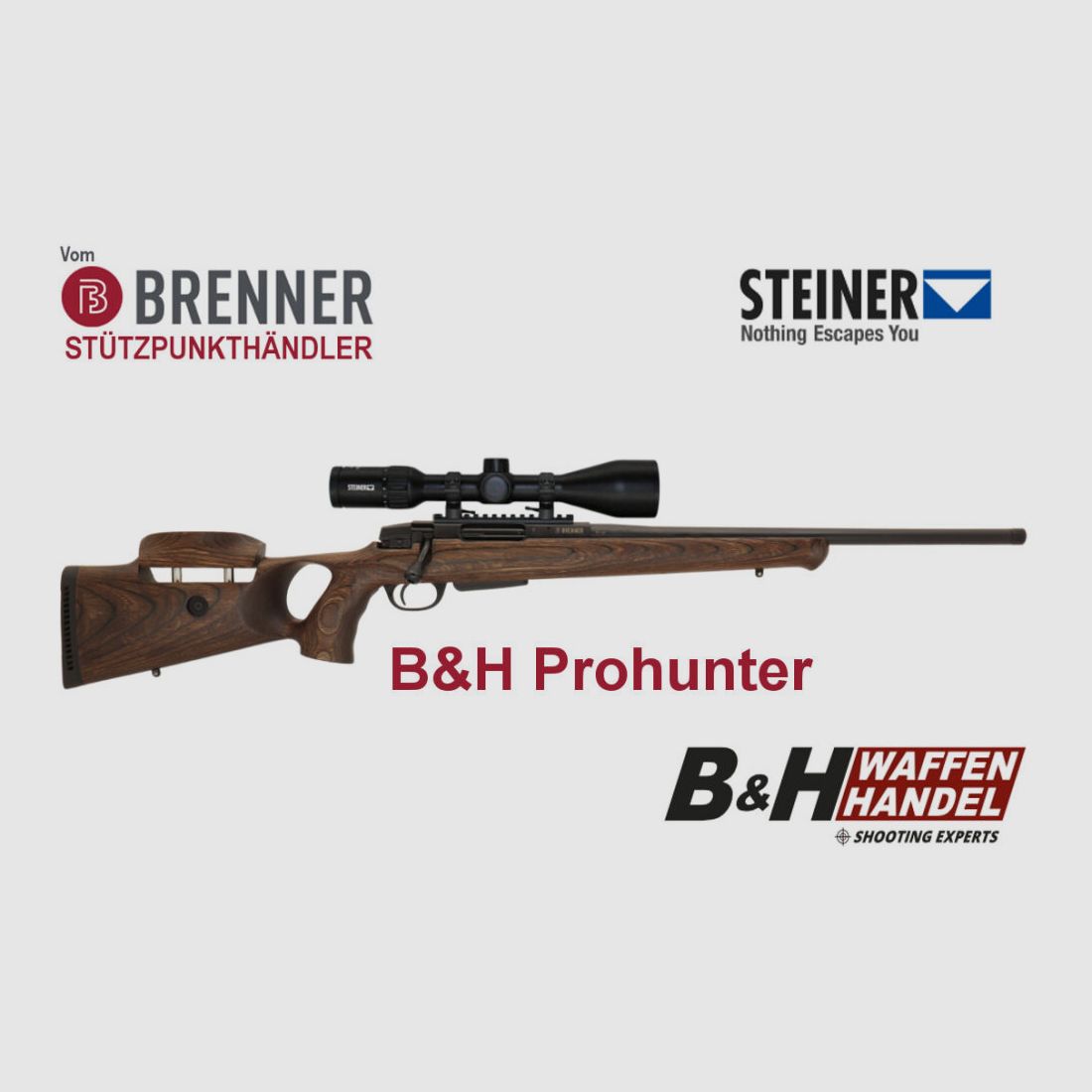 Brenner Komplettpaket: BR20 B&H Prohunter Lochschaft mit Verstellung inkl. Steiner 3-12x56 fertig montiert Jagdbüchse