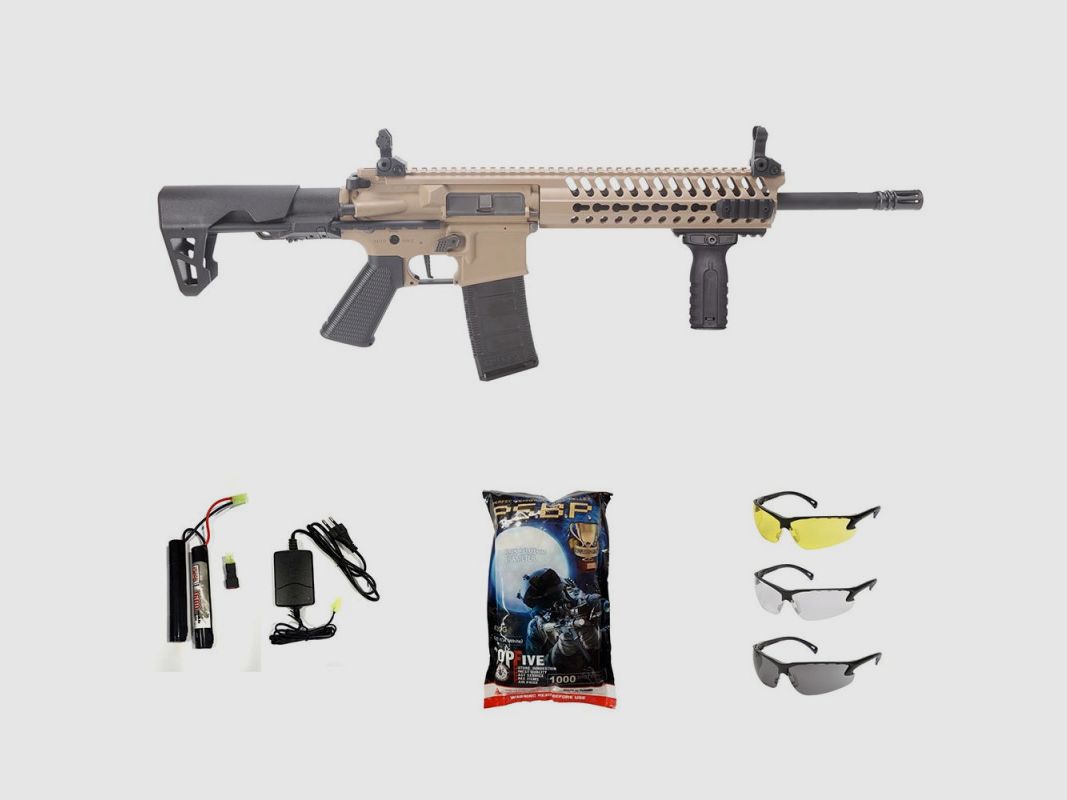 Pack Airsoft - M4 Striker II Tan + Batterie + Kugeln + Brille, Bild 1 von 5