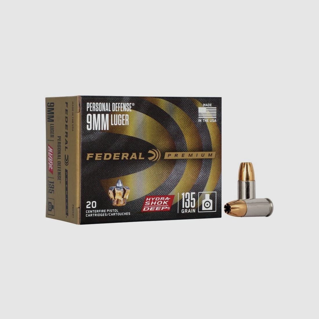 Federal Premium Personal Defense Hydra-Shok Deep 9mm Luger 135GR JHP 20 cartridges