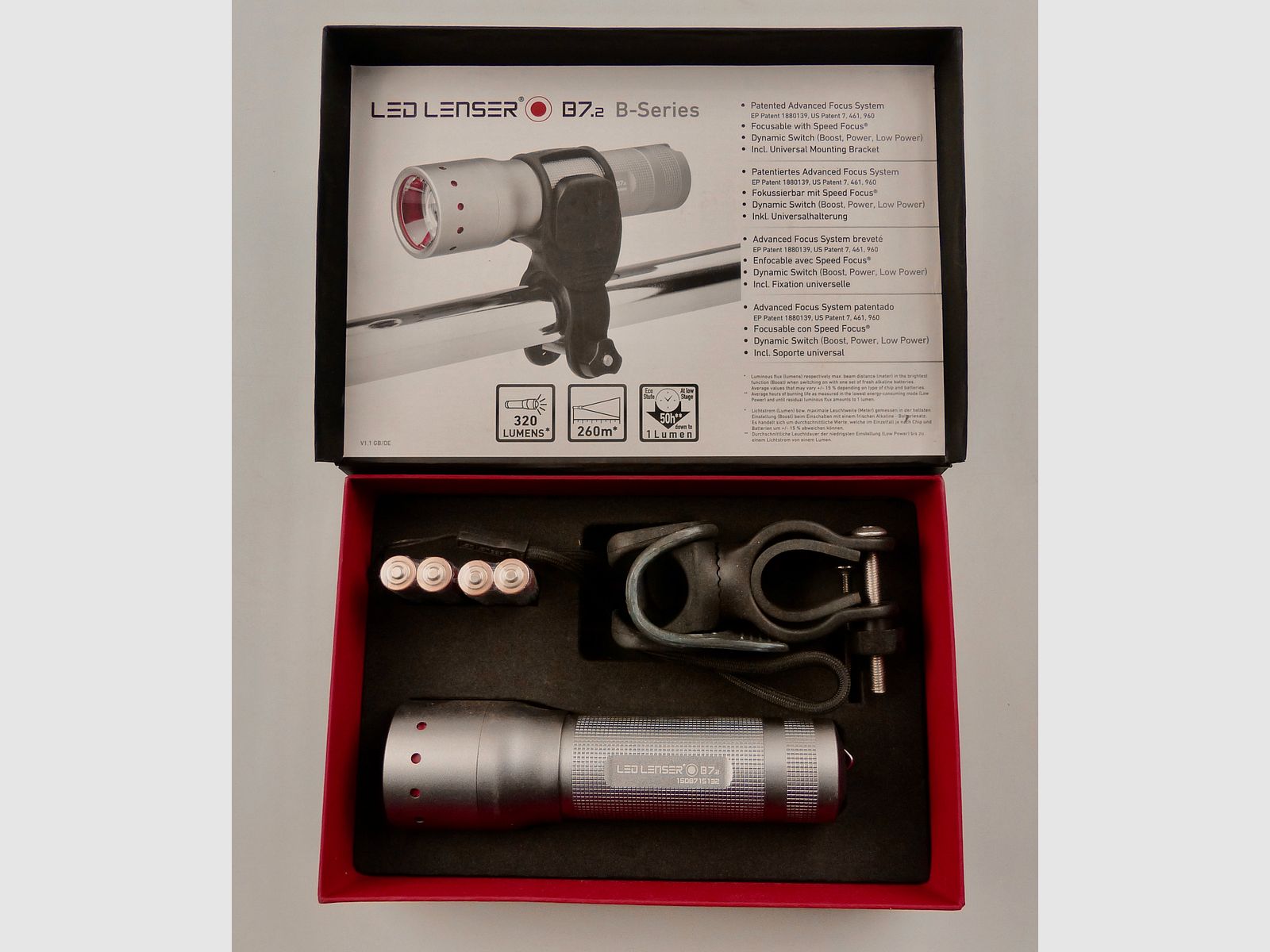 B WARE Ledlenser LED Taschenlampe inkl. Universalhalterung Fahrradlampe silber B7.2 C013