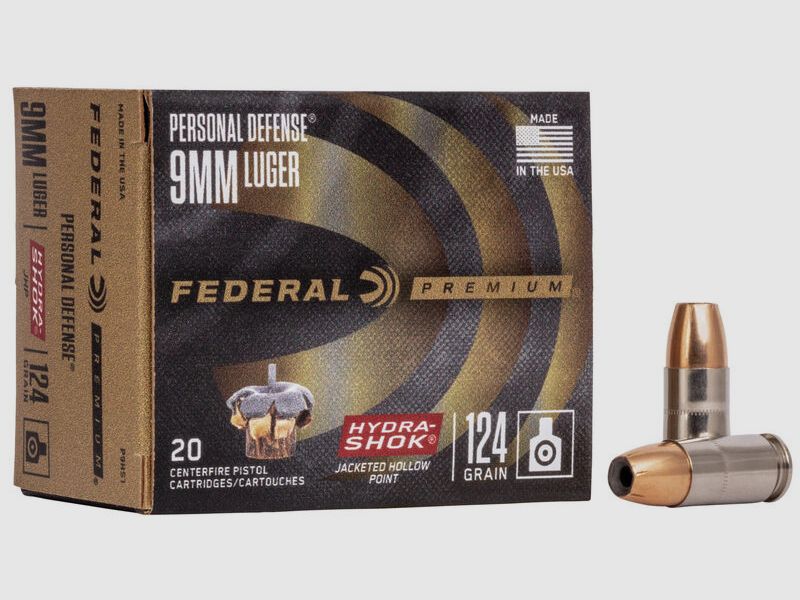 Federal Premium Personal Defense Hydra-Shok 9mm Luger 124GR JHP 20 cartridges