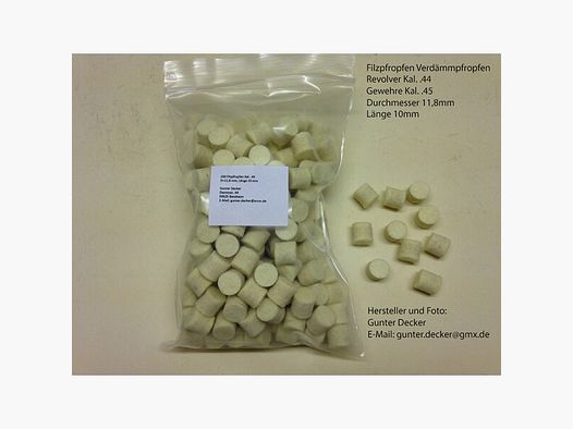 200 Filzpfropfen Verdämmpfropfen Dicke 11,8mm, Länge 10 mm, Revolver Kal. .44, Gewehre Kal. .45