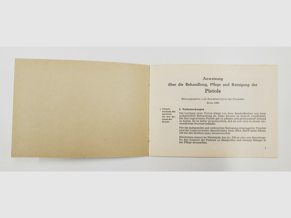 BMF / Instrucción de aduana Pistola FN 1910 y MAB D Tratamiento Cuidado Limpieza Ministerio Federal de Finanzas Bonn 1962