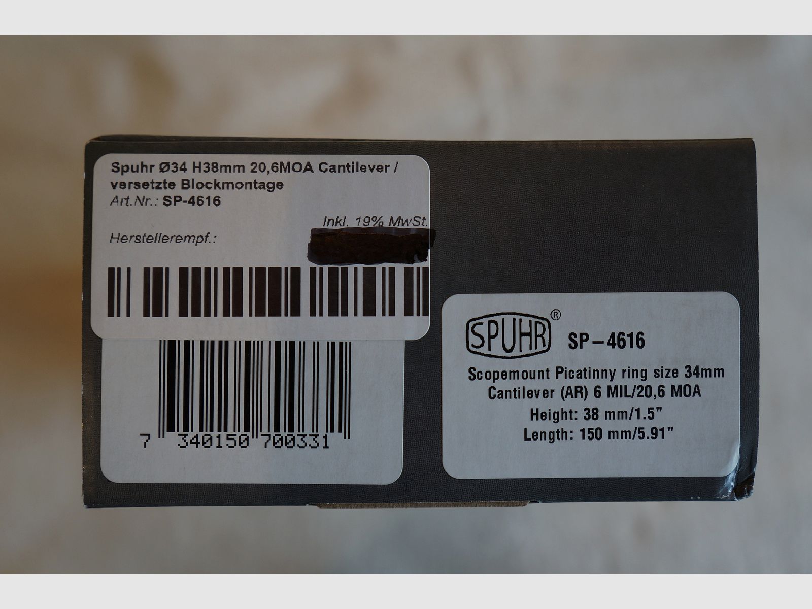 Spuhr versetzte Blockmontage – SP-4616 - für Mittelrohr 34mm - mit 6 Mil / 20,6 MOA Vorneigung - Bauhöhe "H38 mm"