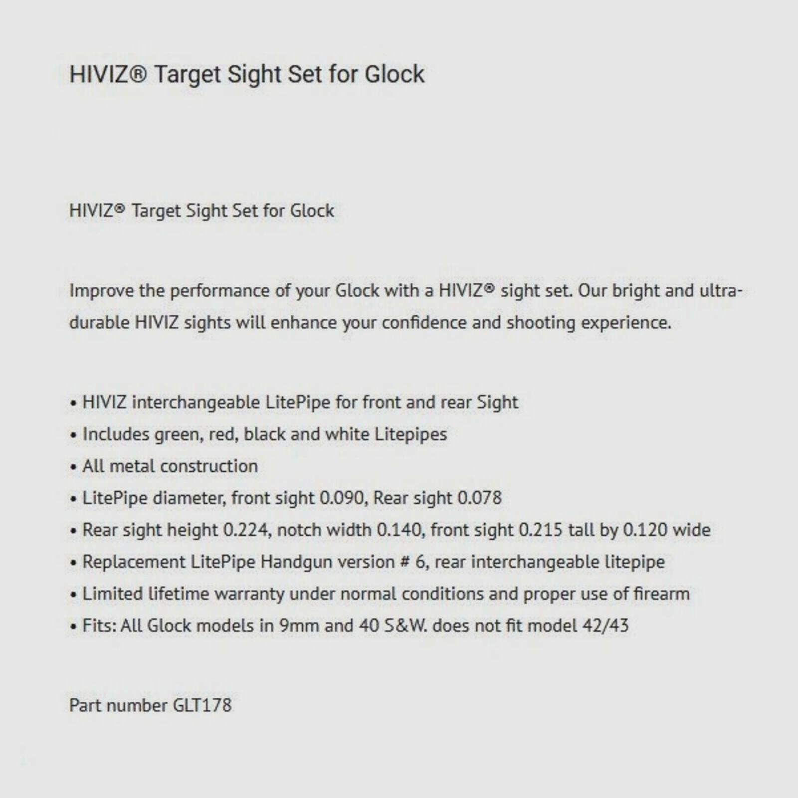 Hiviz HIVIZ Sight Set Target Fiber Glock 9mmLuger/.357SIG/.40S&W