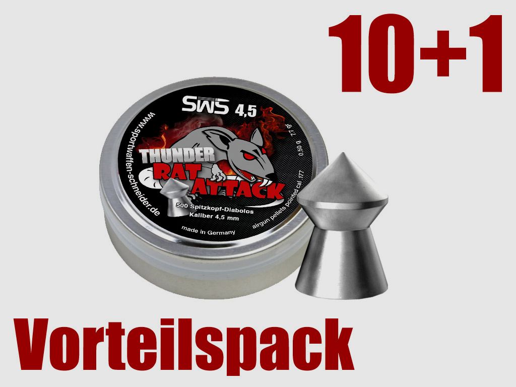Vorteilspack 10+1 Spitzkopf Diabolos SWS Thunder Rat Attack Kaliber 4,5 mm 0,50 g glatt 11 x 500 StĂĽck