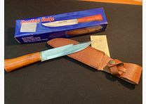 Hunting knife, pruning knife with leather sheath, approx. 15cm blade length, 26.5cm overall, wooden handle, new + original packaging