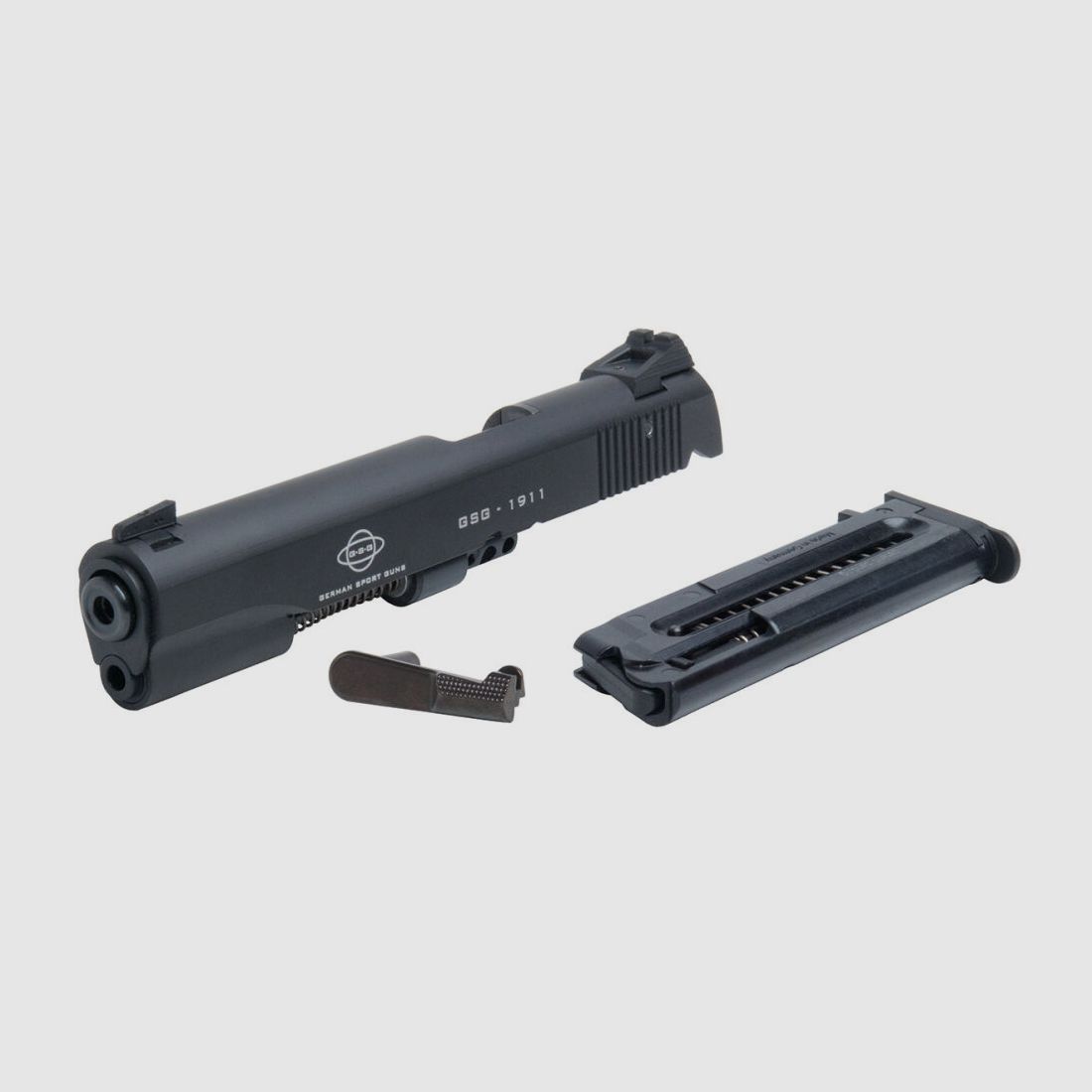 GSG Wechselsystem Produktinformationen "GSG-1911 Wechselsystem " Conversion Kit auf Kaliber .22 mit fester Standard-Visierung und Magazin. Passend für alle Modelle der Serie 1911 70/80 mit 5-Zoll-Lauf.