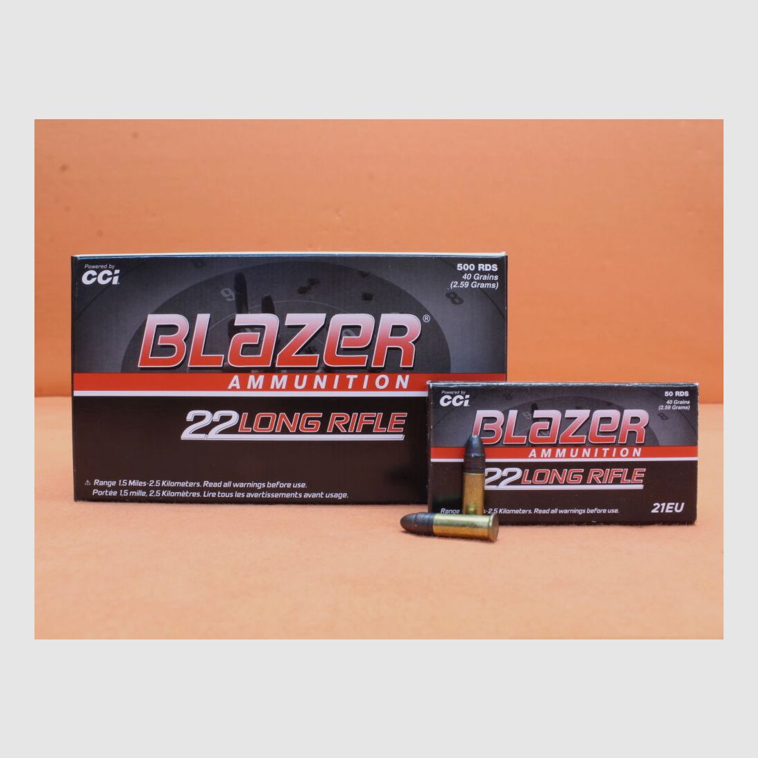 CCI. Patrone .22lr Blazer 40grs LRN (00021) VE 500 Patronen (HV: 1235fps)/ 2,6g Blei-Rundkopf