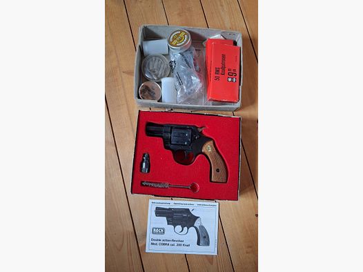 Reck Double Action Revolver Cobra Cal. .380 Knall PTB 216 – hallazgo de herencia incl. caja, cepillo, folleto y vaso de disparo