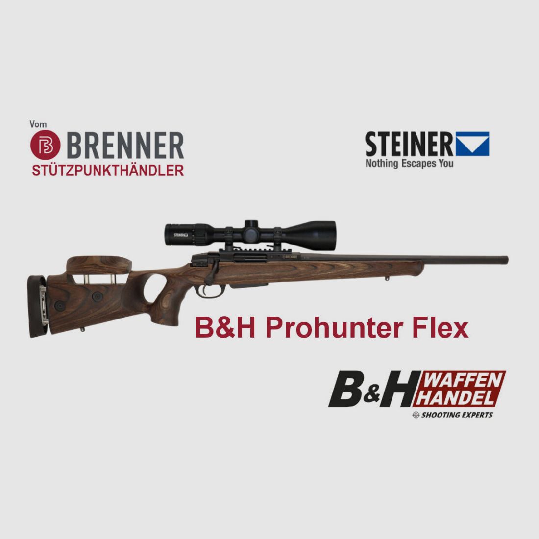 Brenner Komplettpaket: BR20 B&H Prohunter Flex Lochschaft mit doppelter Verstellung inkl. Steiner 3-12x56 fertig montiert Jagdbüchse