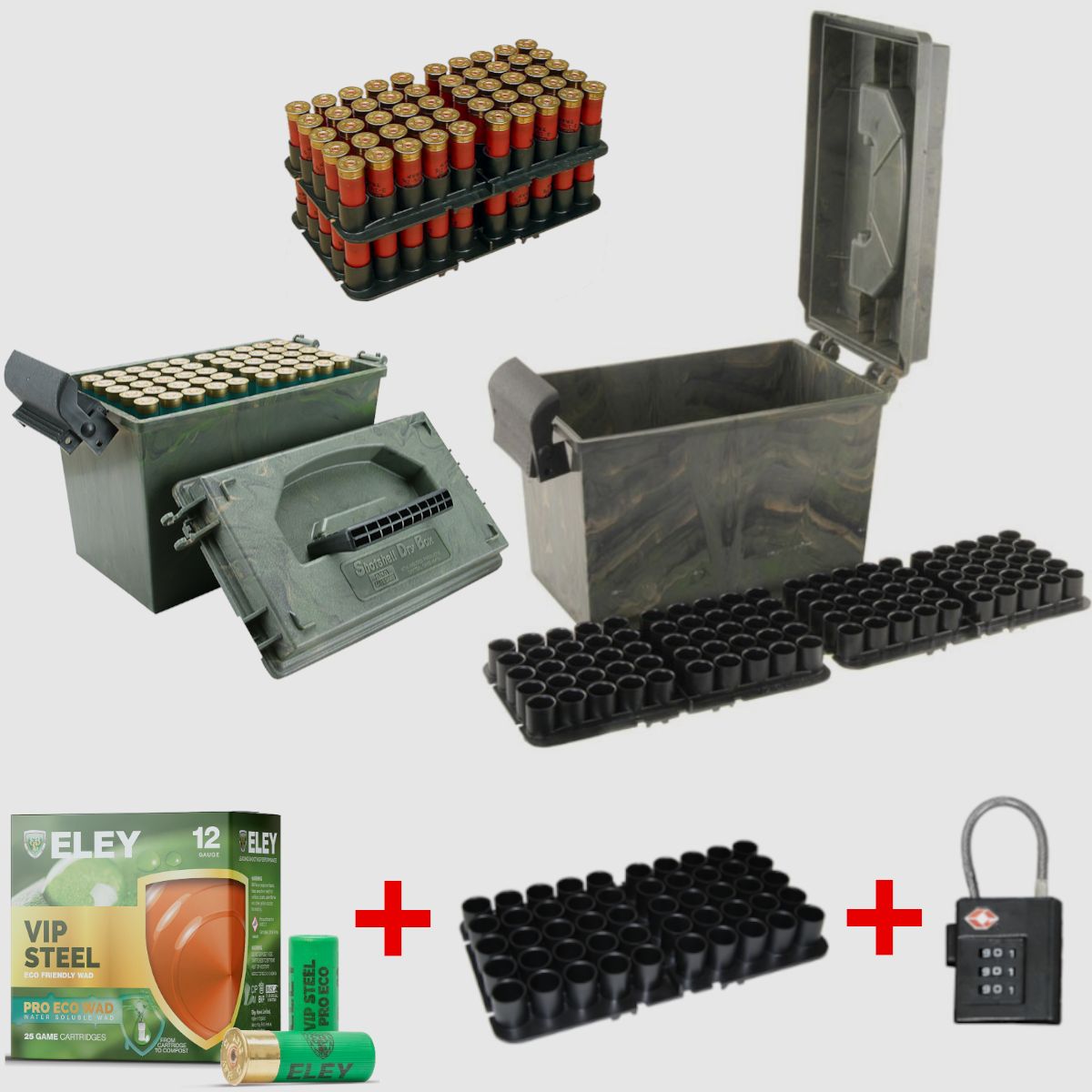 MTM Schrotpatronenbox SD-100-12-09 wild camo inkl. 150 Schuss ELEY VIP Pro-ECO Steel .12/70 24G #7