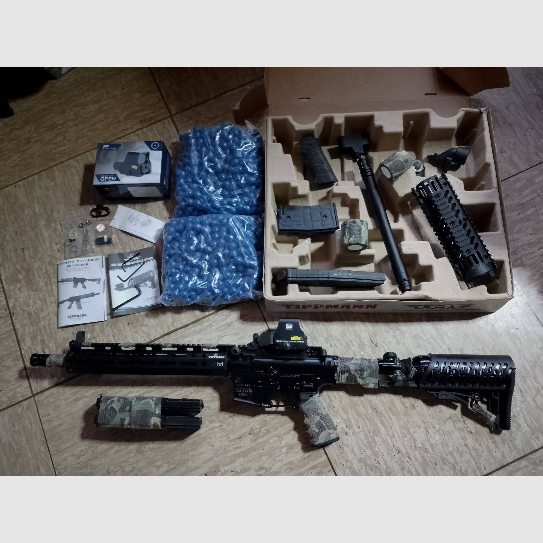 Tippmann Tmc Elite Markierer .68 akcesoria Paintballs Cal 68 CO2 zestaw Holo celownik czerwony zielony punkt lampa LED 3 magazynki