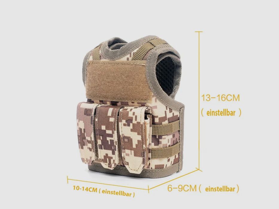 Mini Tactical Schutzweste mit Fronttaschen für Bierflasche / Weinflasche / Thermosflasche - Digital-Desert