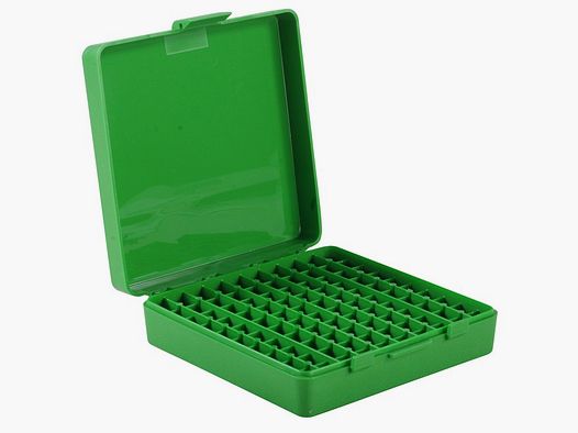 Boîte à cartouches MTM P-100-9-10 verte avec couvercle rabattable pour 100 cartouches 9mm et autres.
