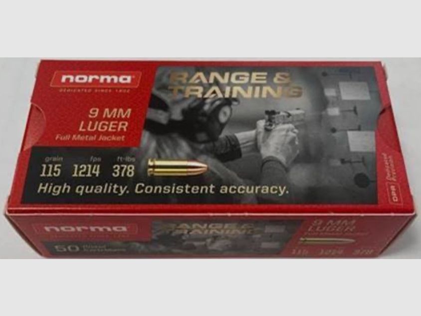 Norma 9mm Luger VM 7,45g 115grs. Munición de pistola Sport Full Metal Jacket 2422369