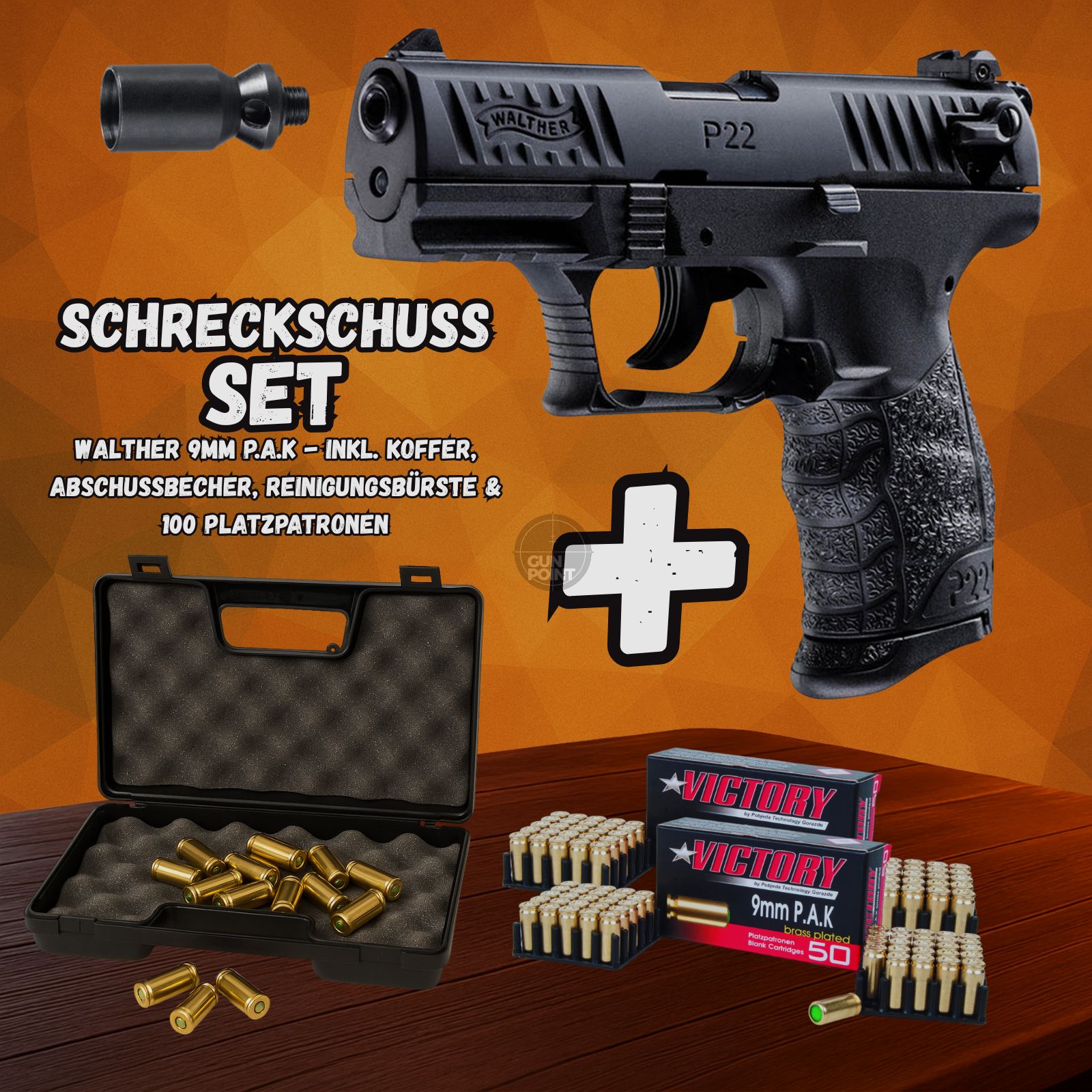 Blank gun set - gas signal pistol - Walther P22Q - 9 mm P.A.K. including case & 100 shots ammunition