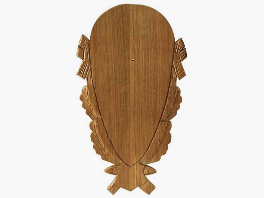 Trophäenschild Hirsch, massiv Eiche hell, mit geschnitzter Eichel- und Eichblattverzierung. Innenfl