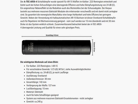 A-TEC AR30-4 - Kaliber .223Rem - Gewinde 1/2x28 - wie neu !!