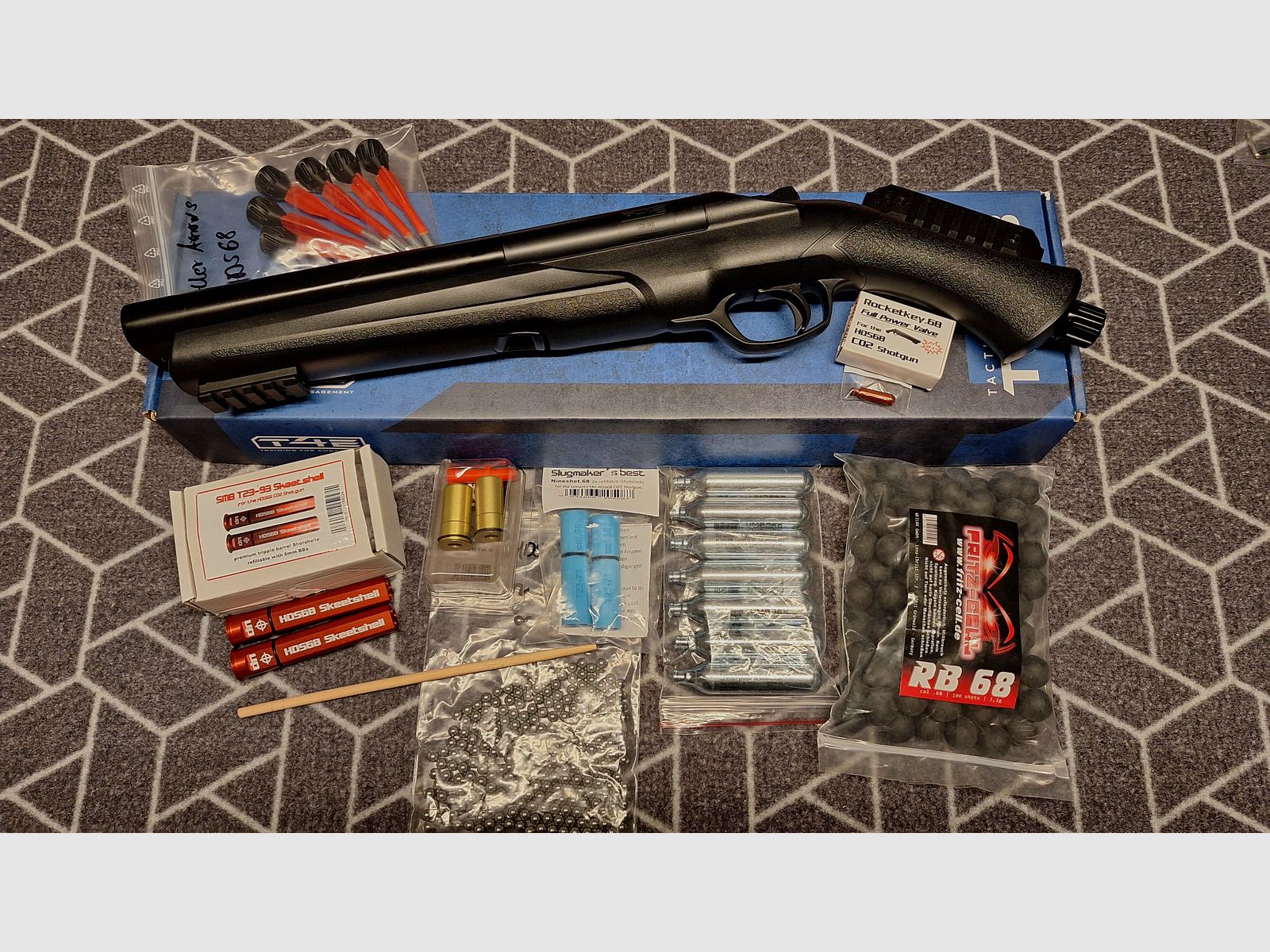 T4E TS 68 / HDS 68 Premium Paket mit Exportventil, Munition, CO2, Schrotshells, Pfeilen u.a. Neu!