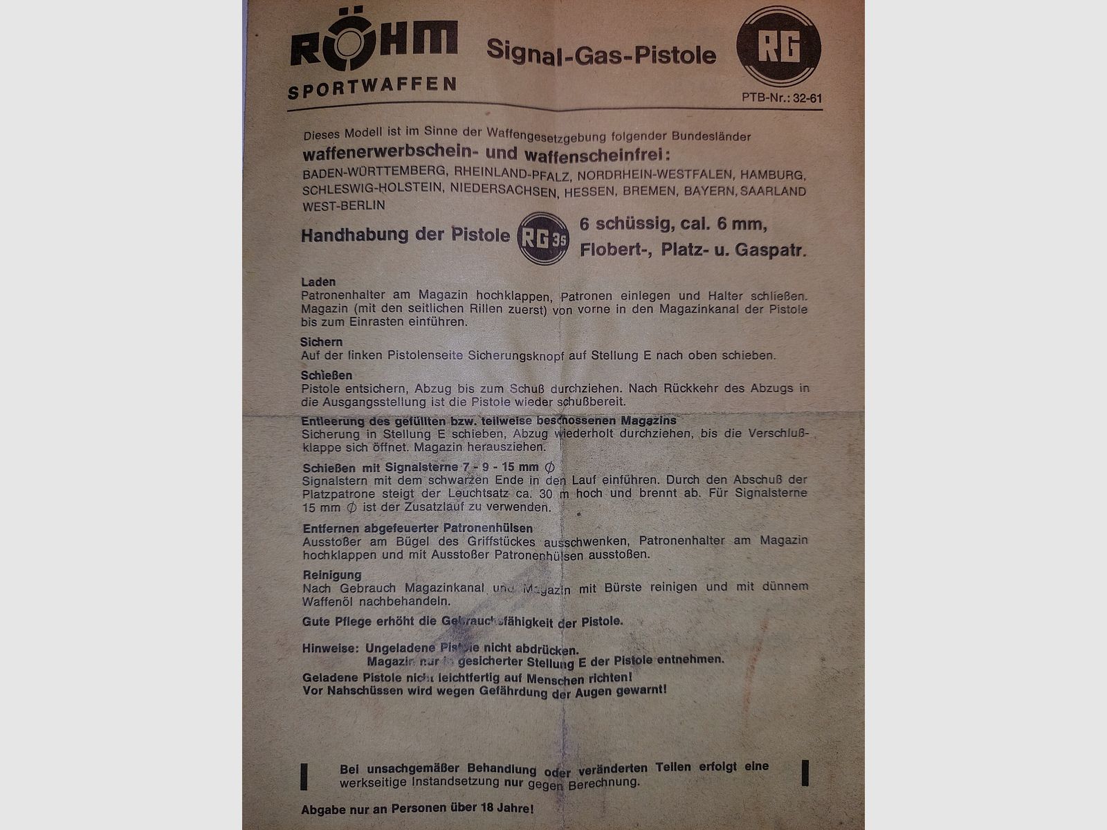 Pistola a segnale/gas Röhm RG3 (6 mm Flobert) + accessori originali, confezione originale