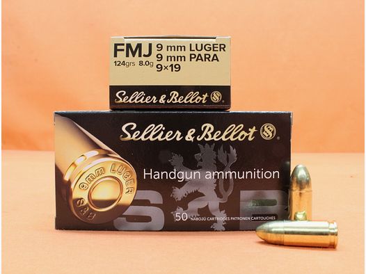 Patrone 9mmLuger S&B/ Sellier&Bellot 124grs FMJ VE 50 Patronen/ 8,0g Vollmantel (9mmPara/9x19)