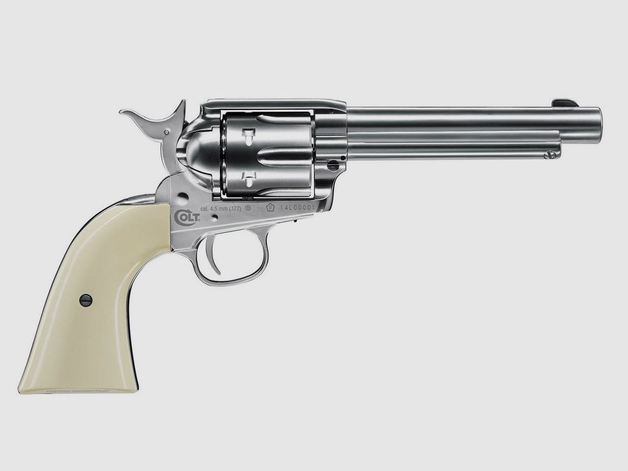 CO2 Revolver Colt Single Action Army SAA .45 5.5 Zoll Nickel Finish weiĂźe Griffschalen Kaliber 4,5 mm BB (P18)+ Stahlrundkugeln CO2 Kapsel