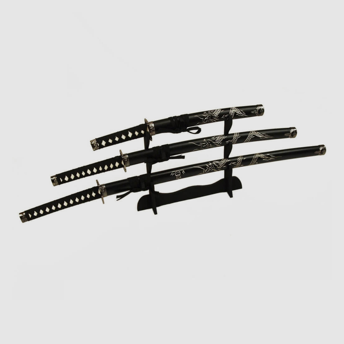 Zestaw mieczy samurajskich Shogun z wygrawerowanym smokiem - katana, wakizashi, tanto, stojak na miecze