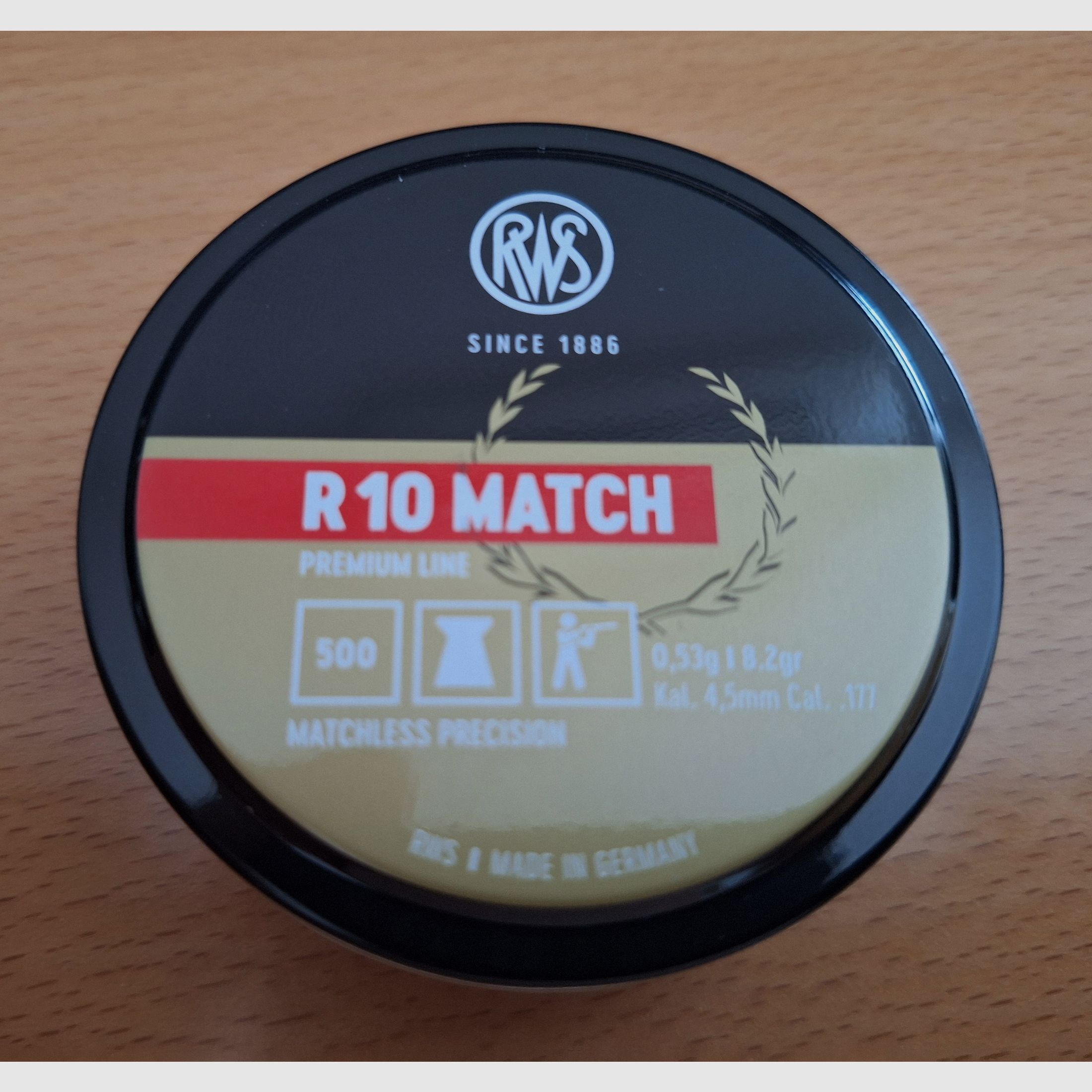 7 Stück Versiegelte Dosen a. 500 Stück RWS R 10 MATCH Premium Line 0,53 g 8,2gr Ø 4,50  Charge Nummer: 94314.