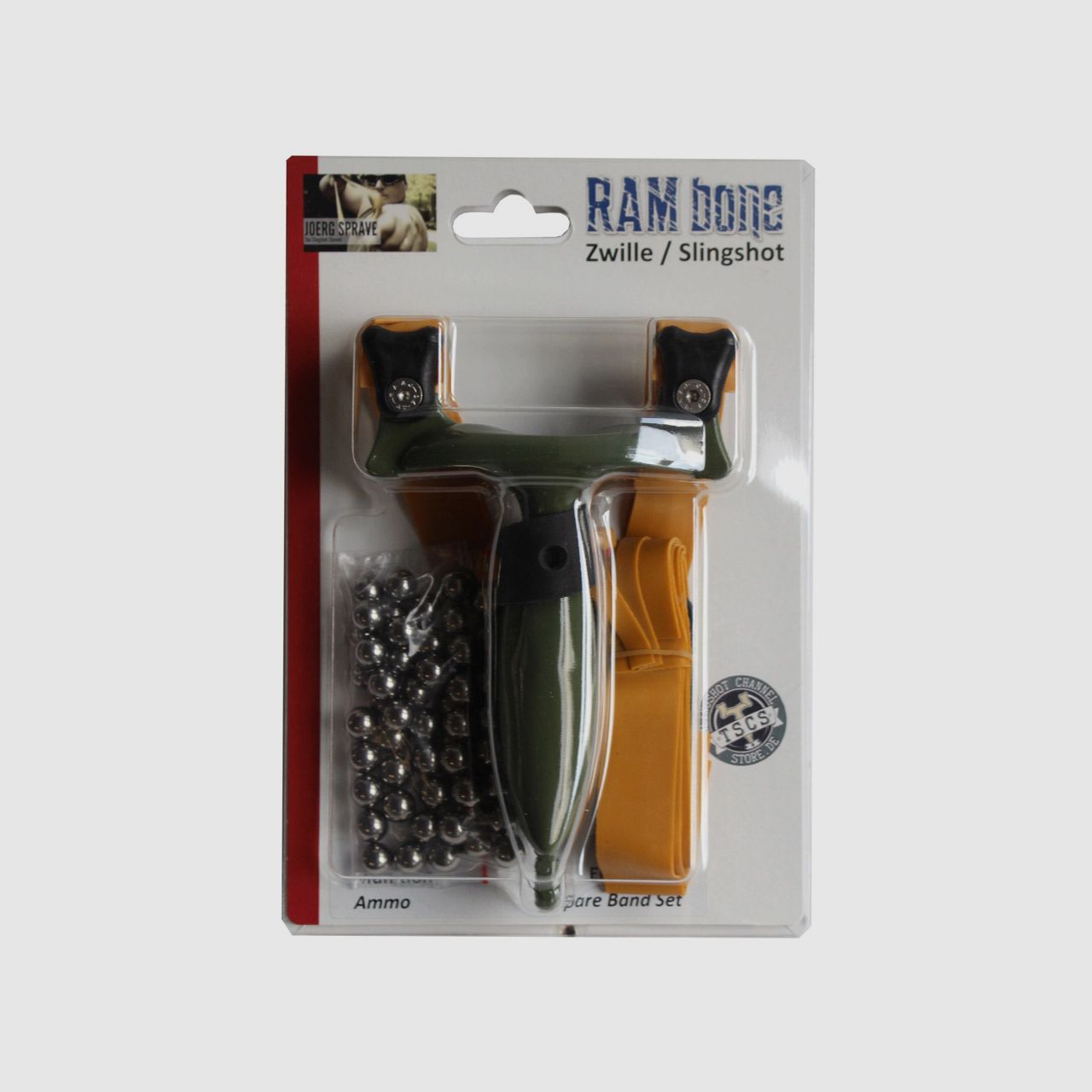Sportschleuder Zwille Slingshot RAMbone 2.0 oliv - TBG-Double Kit mit Ersatzband und 50 Kugeln 10 mm (P18)