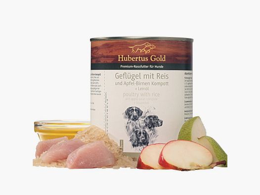 Hubertus Gold Premium-Nassfutter Geflügel mit Reis und Apfel-Birnen Kompott + Leinöl 800g
