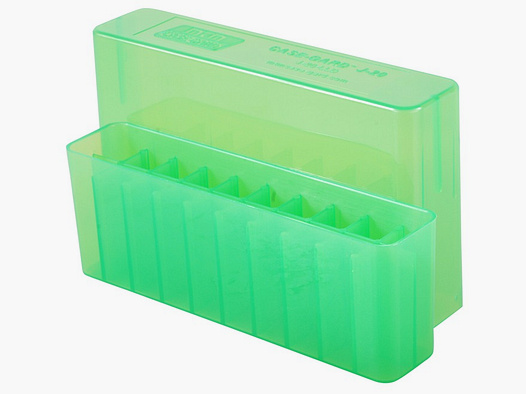 MTM scatola per cartucce J-20-LLD-16 verde trasparente con coperchio per 20 cartucce 7mm Rem. Mag. - .338 Win. Mag.