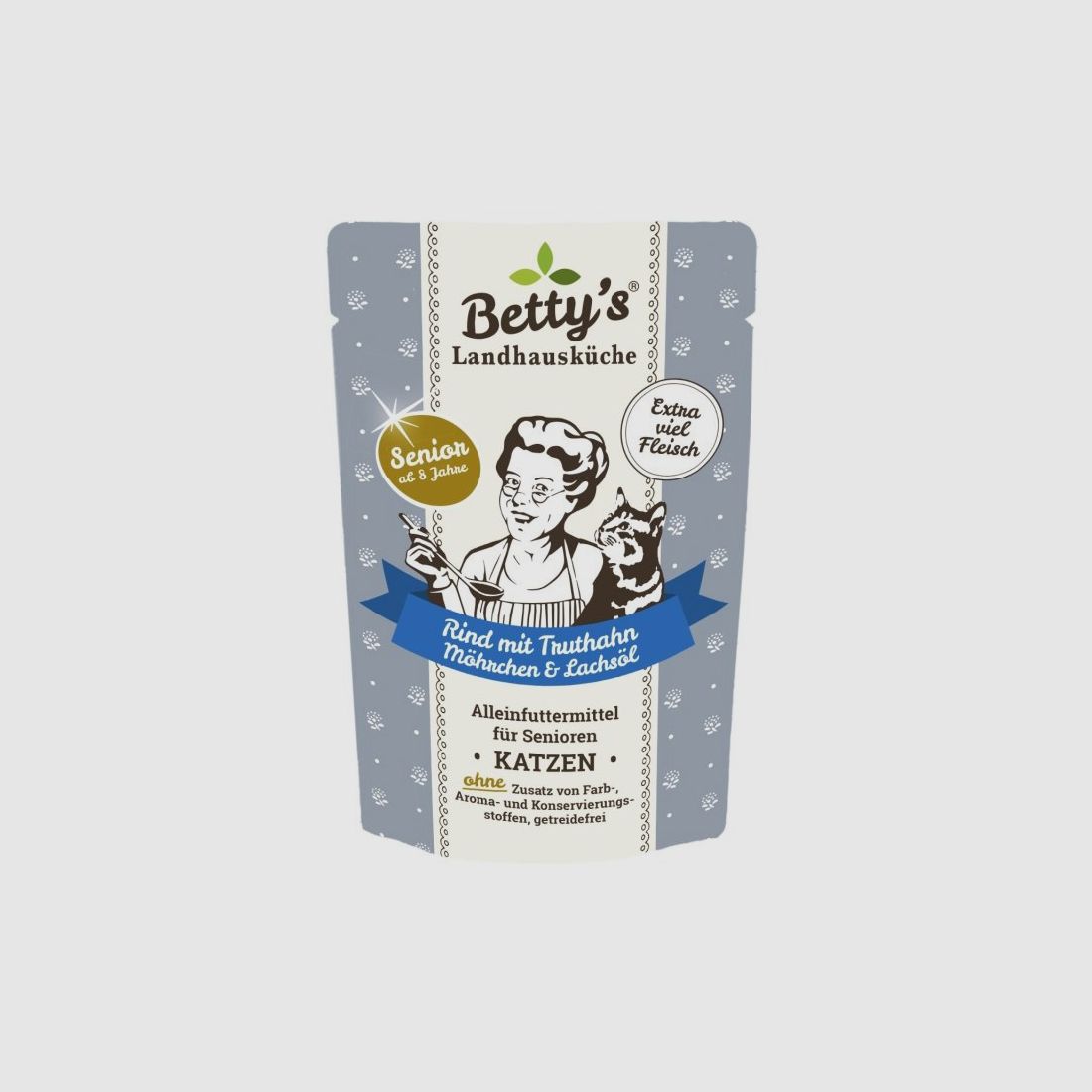 Betty's Landhausküche Katzenfutter Senior Frischebeutel Rind mit Truthahn, Möhrchen & Lachsöl 100g