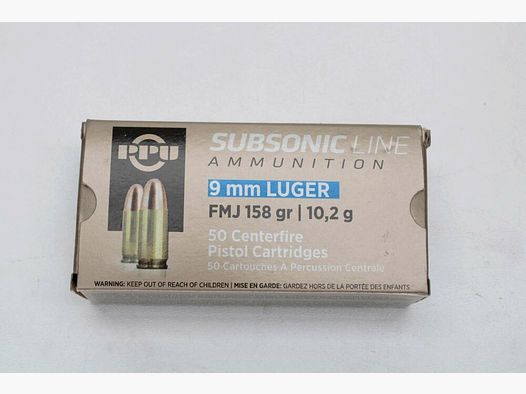 250 rounds PPU 9mm Luger SUBSONIC with 10.2 grams 158 grs. FMJ 5x50 pack