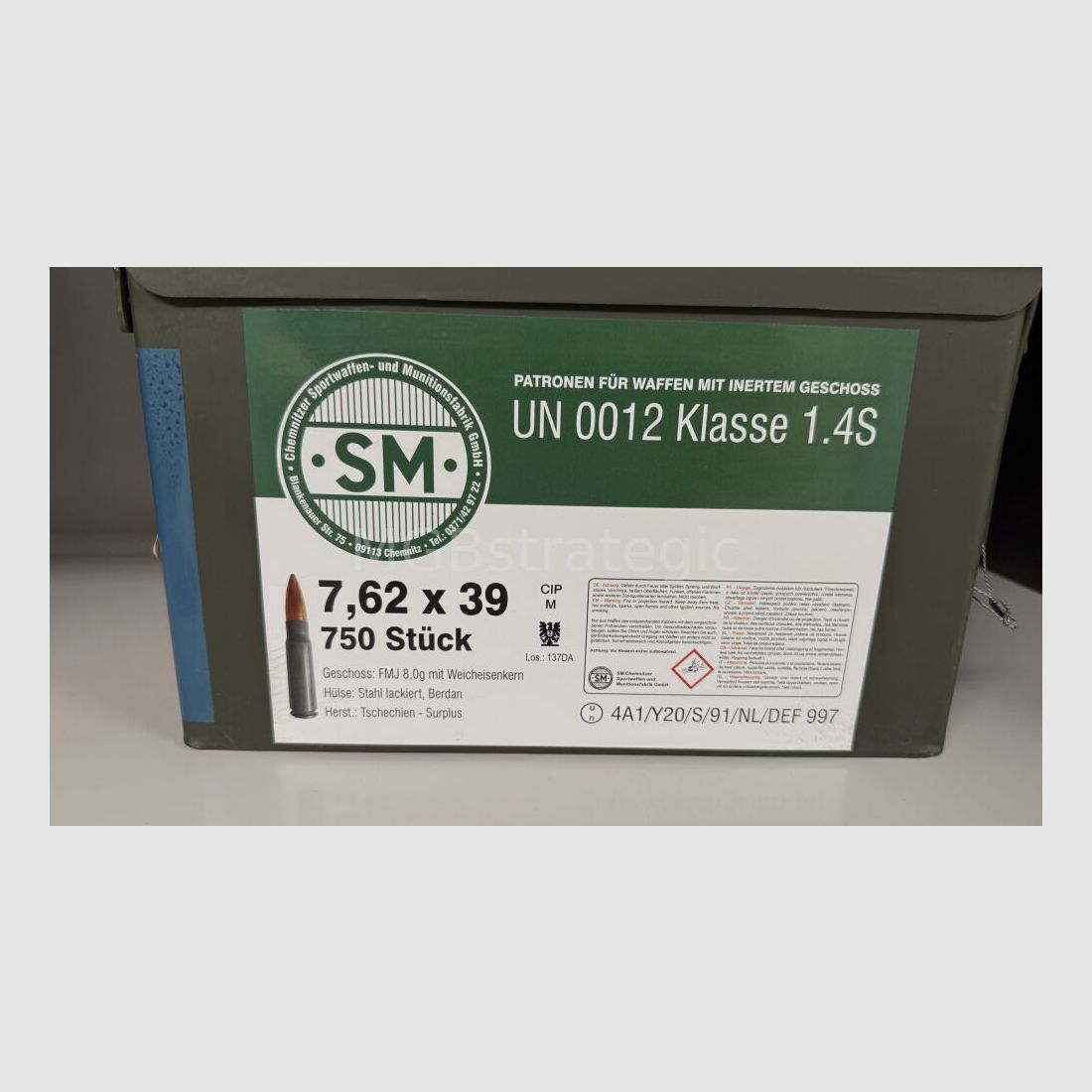 7.62 x 39 Surplus Cartridges - BXM-SM Manufacturer BXN Country of Origin Czech Republic, lacquered steel case Berdan, bullet 8.0 gr. soft core, packed in 750 cartridges in M2A1 ammunition box with CIP