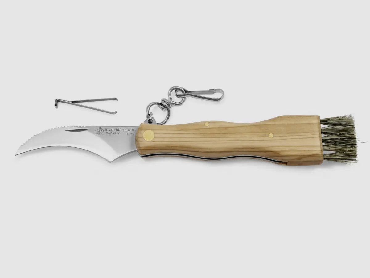 Coltello da funghi PUMA IP con spazzola, pinzetta e moschettone, legno d'olivo