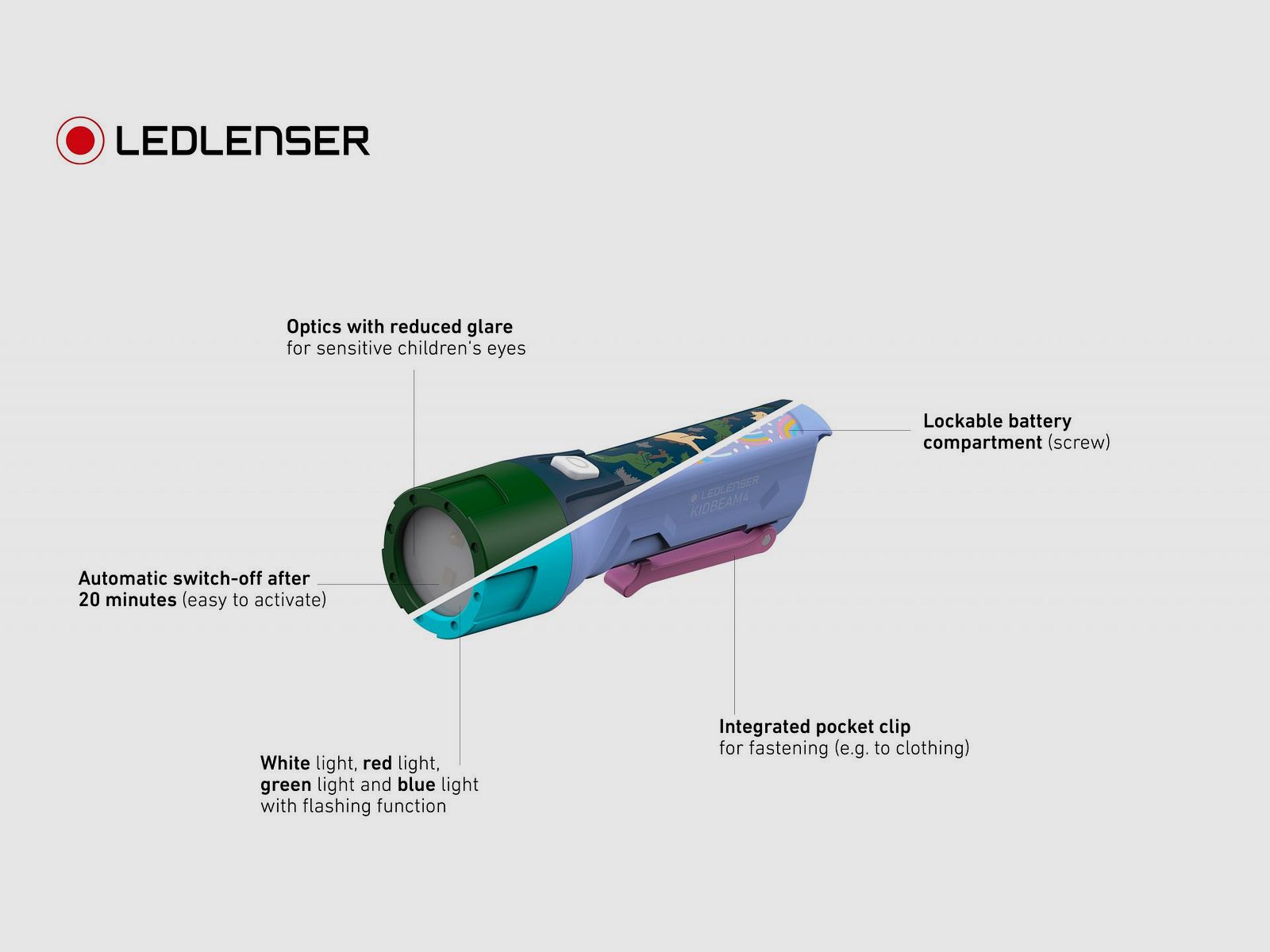 Ledlenser 502754 Kidbeam4 Taschenlampe Green Weiß Rot Grün Blau mit Blinkfunktion