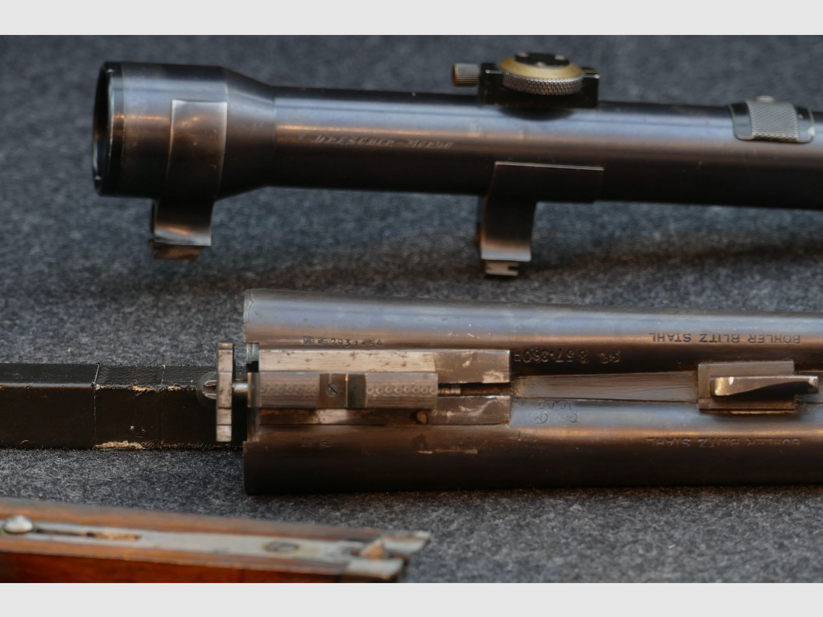 Cockshotgun from Ferlach, cal. 8×57 R‑360 / 16/65, scope Kahles Vienna H/4×, leather travel case, dies, cases, and bullets (173)