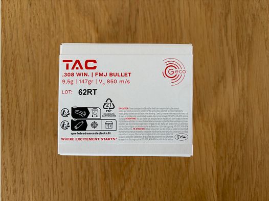 Cartouches GECO TAC .308 Win FMJ Full Metal Jacket 9,5g / 147gr