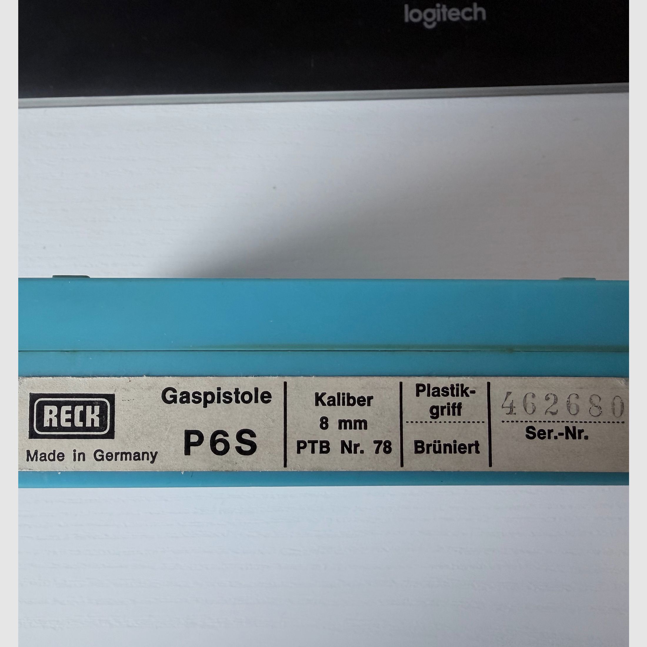 Reck P 6 S 8mm pistolet à gaz et à pétard avec gobelet de lancement en boîte d'origine objet de collection