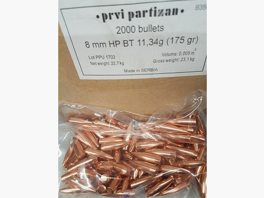 8mm/.322/175grs HPBT B-350 PPU Geschosse 100 Stk.