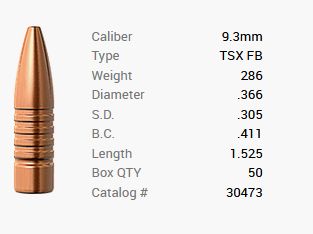 Barnes Geschoss 9,3mm/.366 286GR TSX HP FB 50 Stück