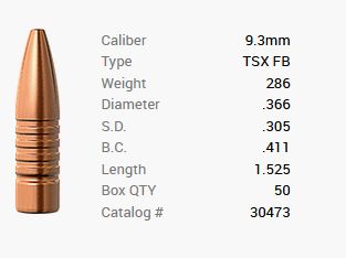 Barnes bullet 9.3mm/.366 286GR TSX HP FB 50 pieces