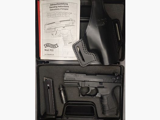 Walther P22 (P 22 Classic) Pistolet d'alarme 9mm P.A.K. noir (PTB 778) avec étui en cuir Walther