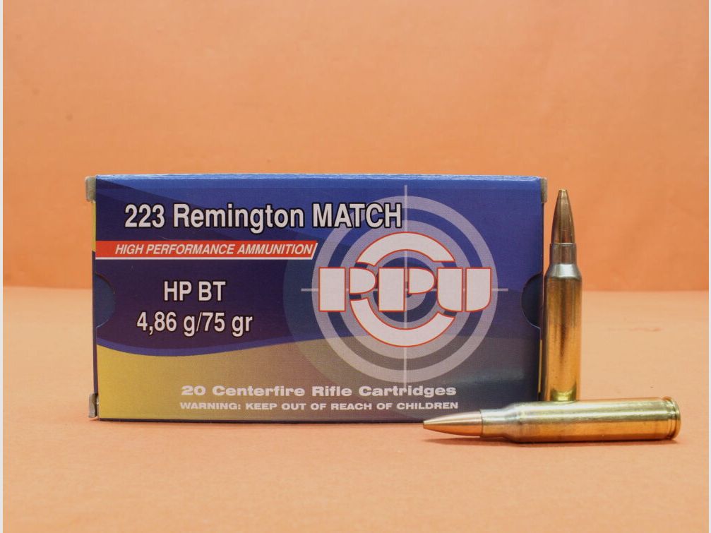 Prvi Partizan	 Patrone .223Rem Prvi Partizan 75grs HPBT VE 20 Patronen (A-495) Match/ 4,86g Hohlspitz-Torpedoheck-Match