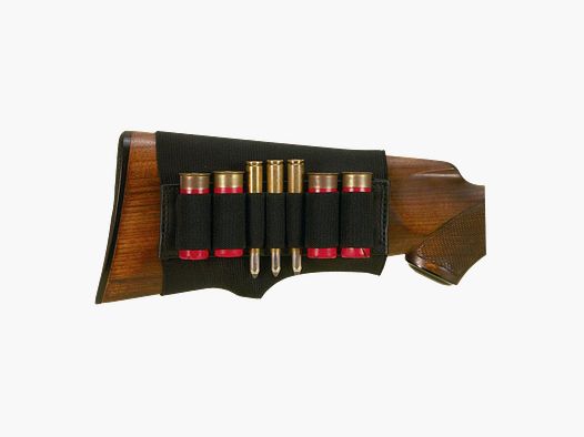 Ammunition case for rifle stock, space for 4 shotgun and 3 bullet cartridges, with rubber loops