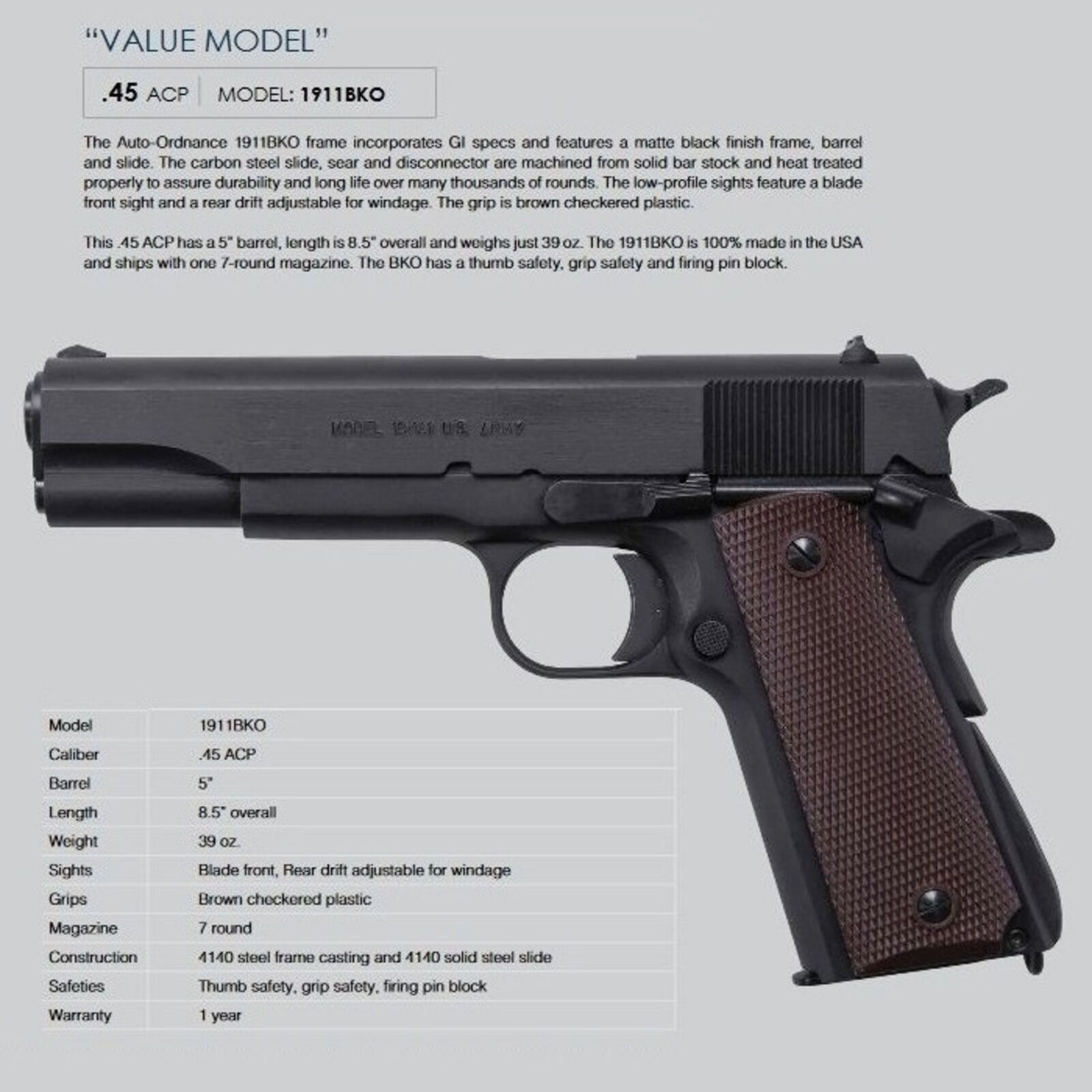 Auto-Ordnance 1911A1 GI Specs 5" (5 pollici) .45Auto